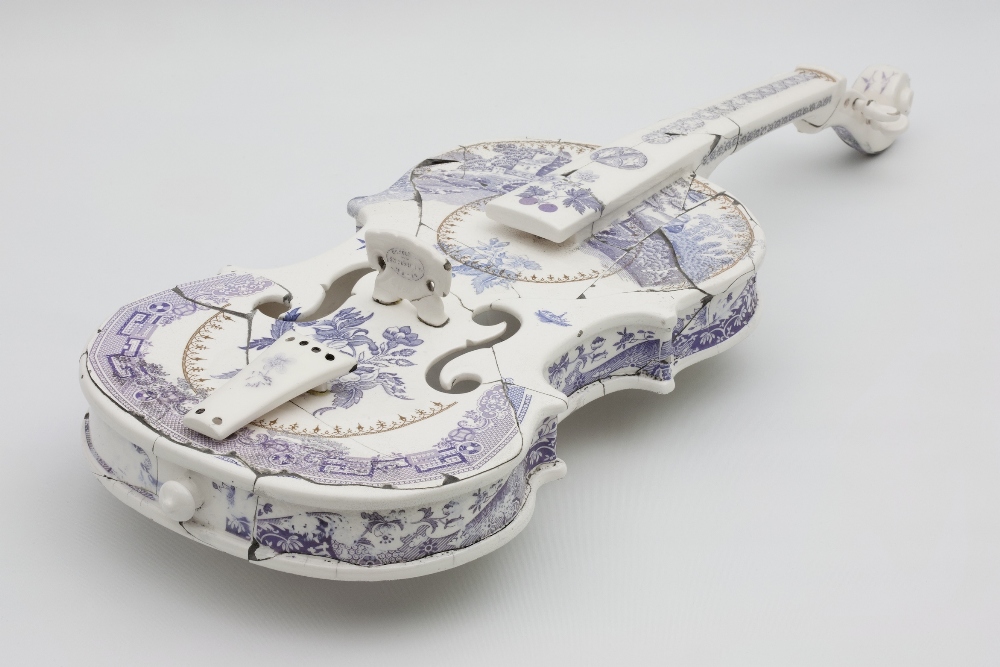 STEPHEN DIXON (born 1957); Josiah Spode’s Violin? (2013), transfer printed bone china, length 61.