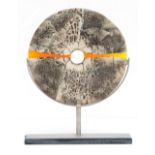 PETER HAYES (born 1946); Raku Disc (2019), fractured smoky surface and orange wave mounted on