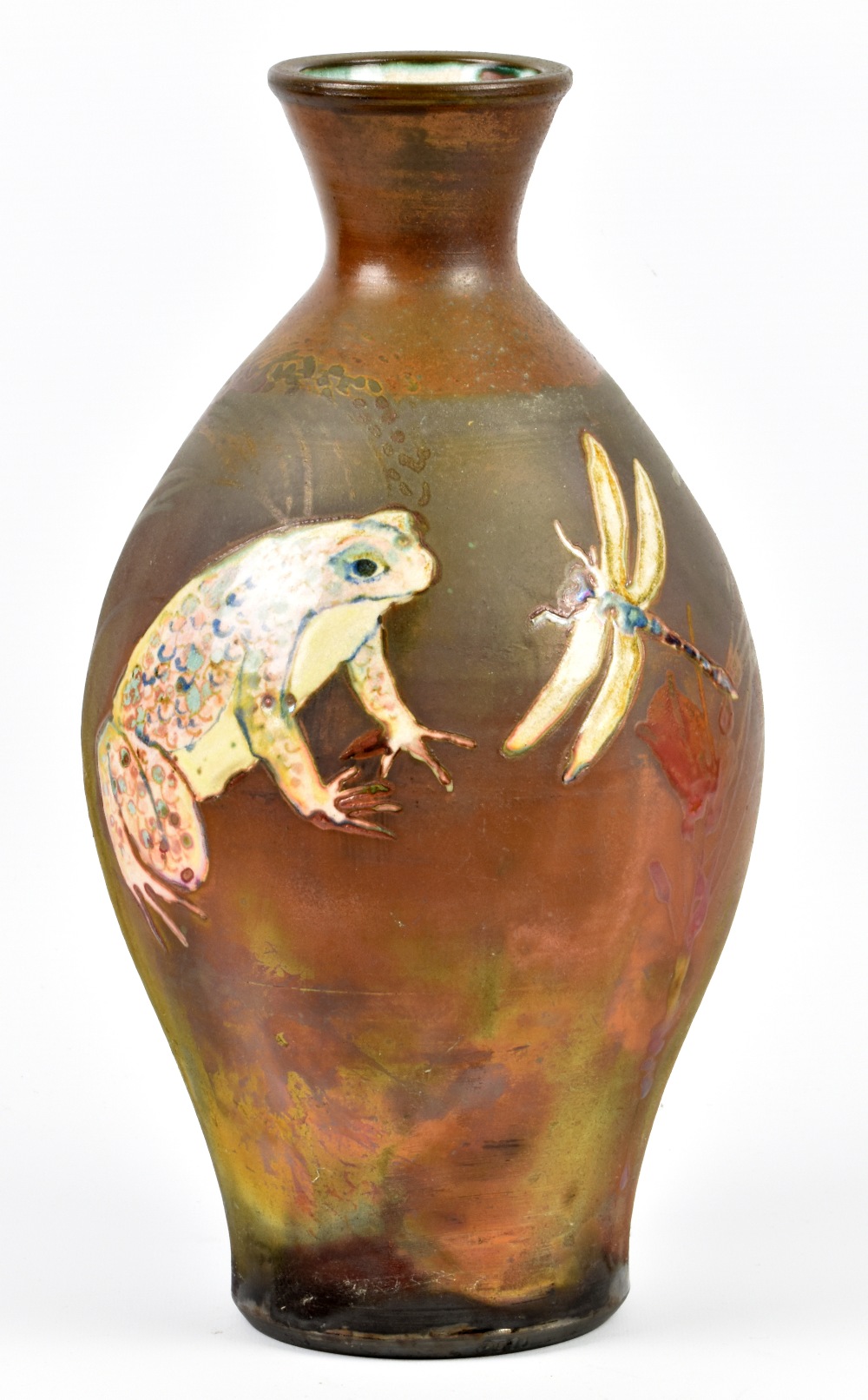 DAVID EELES (1933-2015); a raku bottle decorated with a toad and dragonfly, impressed DE mark and