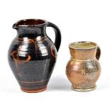 CLIVE BOWEN (born 1943); a slipware jug, height 20.5cm, and a salt glazed jug by another hand (