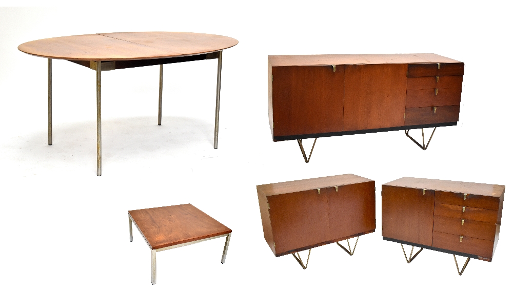 JOHN & SYLVIA REID FOR STAG; a teak 1950s three piece lounge suite comprising sideboard with two