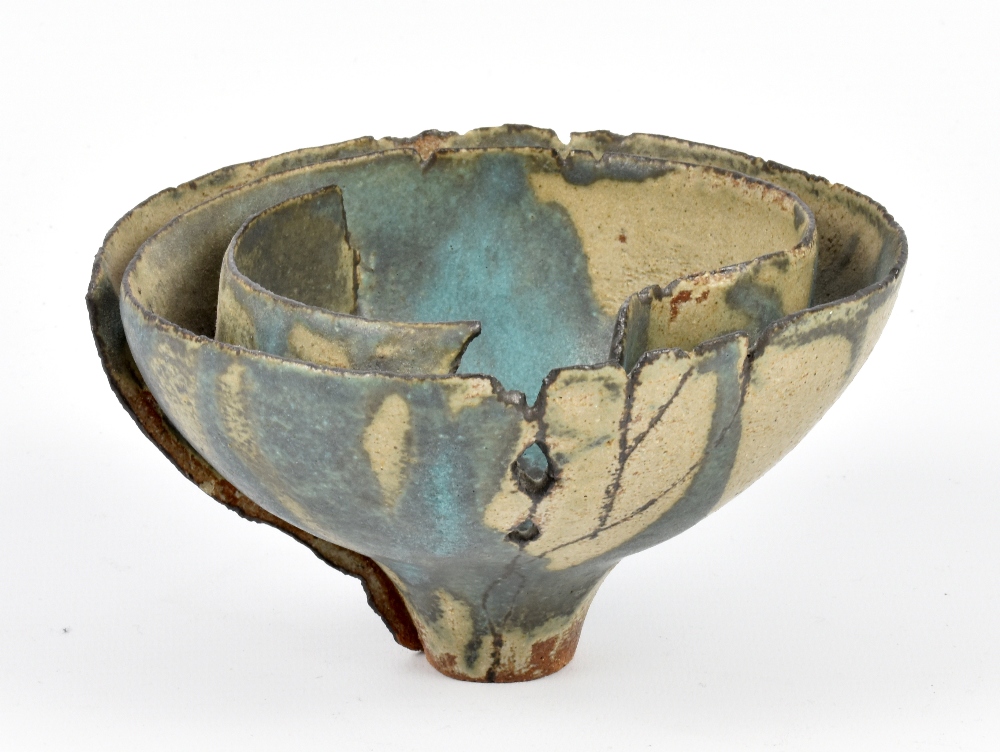 SHEILA FOURNIER (1930-2001); a double rimmed stoneware pedestal bowl, poured turquoise glaze over