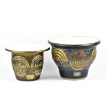 PATRICK OATES (born 1948); two stoneware planters with cup and ring decoration, impressed marks,