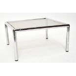 A mid-century tubular chrome glass top coffee table of square form, height 31cm, diameter 61cm.