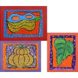 KATE MALONE (born 1959); three gouache on paper paintings featuring a pumpkin, gourd and leaf,