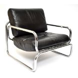 A mid-century tubular chrome lounge chair, with black leather seat and back cushion. Additional