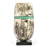 PETER HAYES (born 1946); 'White Bow', raku with fractured smoky surface and sea green wave mounted