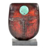 PETER HAYES (born 1946); 'Red Bow', a raku sculpture with fractured surface and copper patina disc
