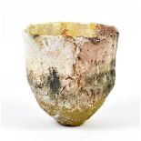 RACHEL WOOD (born 1962); a stoneware vessel, textured polychrome surface, incised W mark, height