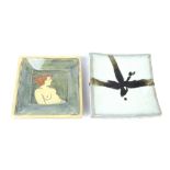 LOUISE GARDELLE (born 1944); a square slipware plate decorated with a female nude, impressed LFG