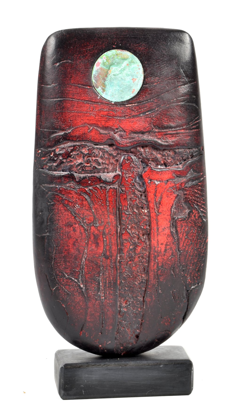 PETER HAYES (born 1946); 'Red Bow', a raku sculpture with fractured surface and copper patina disc