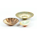 DEIRDRE BURNETT (born 1939); a shallow porcelain footed dish with serrated bronze rim, impressed
