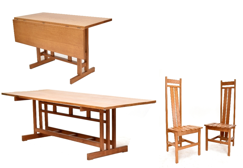 RICHARD LA TROBE-BATEMAN (born 1938); a large oak dining room table with drop-leaf extension and