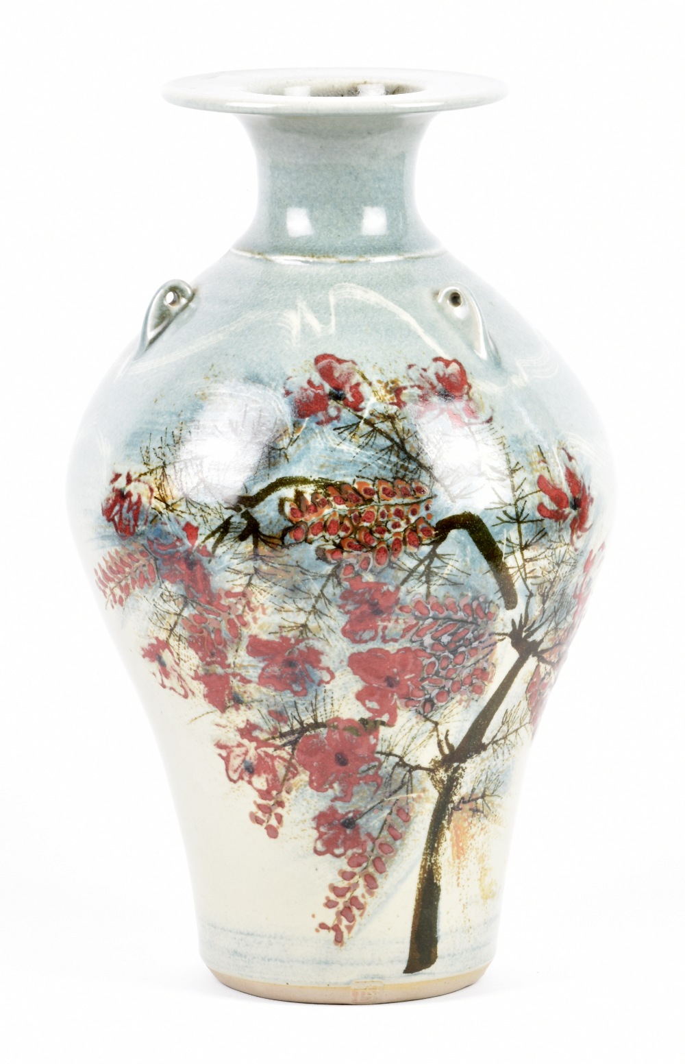 DAVID EELES (1933-2015); a lugged stoneware vase with everted rim decorated with trees in blossom,