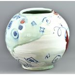 ADAM FREW (born 1981); a large porcelain moon jar, mainly cobalt and sprigged decoration on