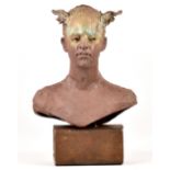 SHARON GRIFFIN; ‘After St Melangell’ (2019), a terracotta head sculpture with hare like ears mounted