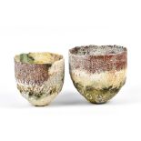 RACHEL WOOD (born 1962); two stoneware vessels, textured polychrome surface, incised W marks,