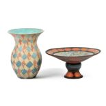 JACKIE WALTON (born 1941); an earthenware vase with lattice decoration on turquoise ground,