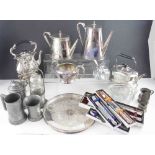 A collection of pewter and plated ware to include a 19th century pewter tankard, measure,