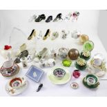 A collection of royal crested ware, glass paperweight, pewter shoe pin cushions etc.