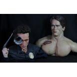THE TERMINATOR; two busts of the Terminator, height of larger 51.5cm, and hand (finger af) (3).