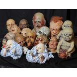 A group of horror themed foam and rubber busts of monsters, ghouls etc including Norris from The