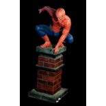 OXMOX & MARVEL; a large figure of Spider-Man crouching on a chimney stack, manufacturer sticker/