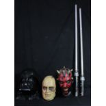 STAR WARS; two busts of Darth Vader, masked and unmasked, a rubber mask of Darth Maul and a
