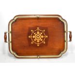 An Edwardian inlaid mahogany twin handled butler's tray, with silver plated gallery, length 56cm.