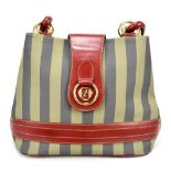 FENDI; a pequin striped 'It's' coated canvas handbag, with brown leather handles and foldover