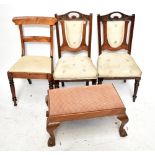 Two Edwardian mahogany upholstered salon chairs, a bar back chair and stool (4).