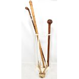 Two walking sticks/canes, a knobkerrie and a small pair of antlers in white painted stick stand.