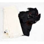ARMANI; a cream wool scarf, 33 x 170cm, and a Moschino black lady's scarf decorated with coloured