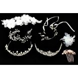 BRIDAL; five lace veils, two fascinators, two tiaras and various hairpieces and wedding pearls and