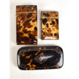 A 19th century tortoiseshell spectacles case, 12 x 6.5cm, a further faux tortoiseshell and white