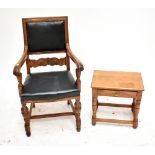 An oak open arm chair and a small side table (2).
