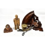 A mixed group of collectors' items comprising early 20th century wall bracket/shelf with carved stag