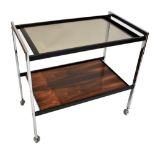 WITHDRAWN HOWARD MILLER; a rosewood and chrome two tier drinks trolley, height 86cm, length 71cm.