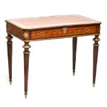 A late 19th century French walnut kingwood and satinwood veneered writing table with leather inset