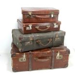 Six leather bound suitcases, the pressed leather example with gilt tooled initials 'J.W.B' and a