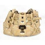 JIMMY CHOO; a patent leather nude coloured 'Pamona' handbag with gold hardware, 28 x 35cm.