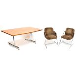 PIEFF; a 1970s dining suite comprising shaped rectangular table on chromed supports, 200 x 102cm and