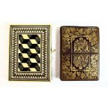 A 19th century Tunbridge ware card case with geometric decoration, 10 x 7.5cm, with a 19th century