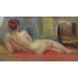 RONA KLARA (HUNGARIAN 1901-1987); pastel on paper, 'Fekvo Noi Akt', a reclining nude on a red chaise