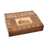 TUNBRIDGEWARE; a good mid-Victorian inlaid writing slope, the two section hinged lid decorated