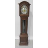 A modern sapele mahogany cottage-sized longcase clock with glass panel door, on plinth base,