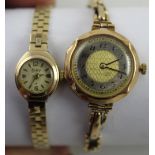 A 1930s gold cased ladies' wristwatch with silver chapter ring inset with Arabic numerals and on