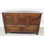 A 19th century oak two drawer mule chest with three fielded panel front, width approx 130cm.