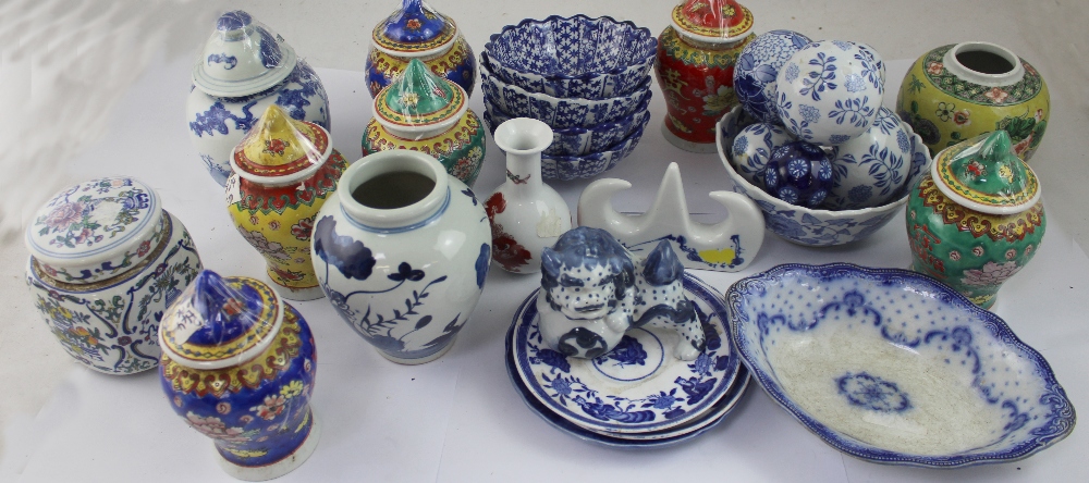 A set of five 19th century Staffordshire transfer printed blue and white plates with pagodas and