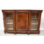 A Victorian walnut marquetry credenza with central panelled door in burr walnut with geometric